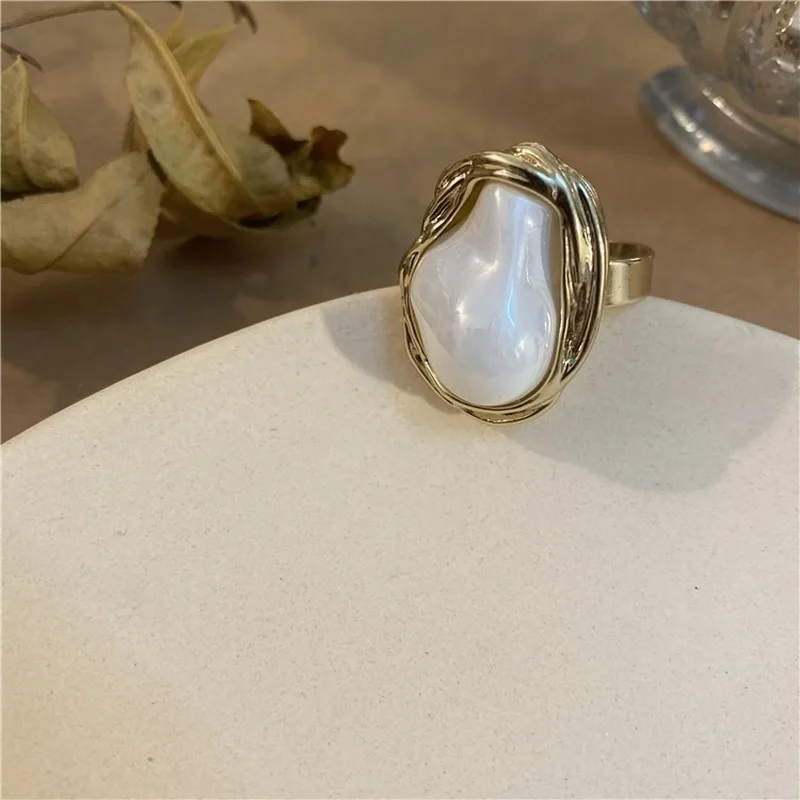 LOVOACC Oversize Imitation Baroque Pearl Rings Adjustable Irregular Oval Charm Rings Exaggerated Steampunk Rings Women Jewelry