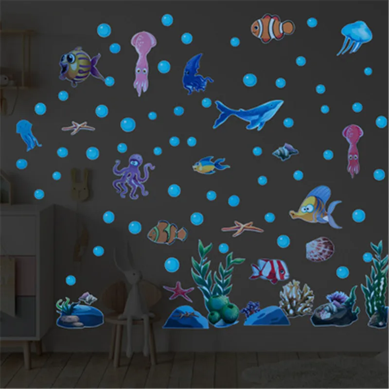 Modra Svetlobni Podvodni Svet Živali Stenske Nalepke Sijaj V Temi, Morske Ribe, Morski Pes, Fluorescentna Nalepka Za Otroke, Otroška Soba