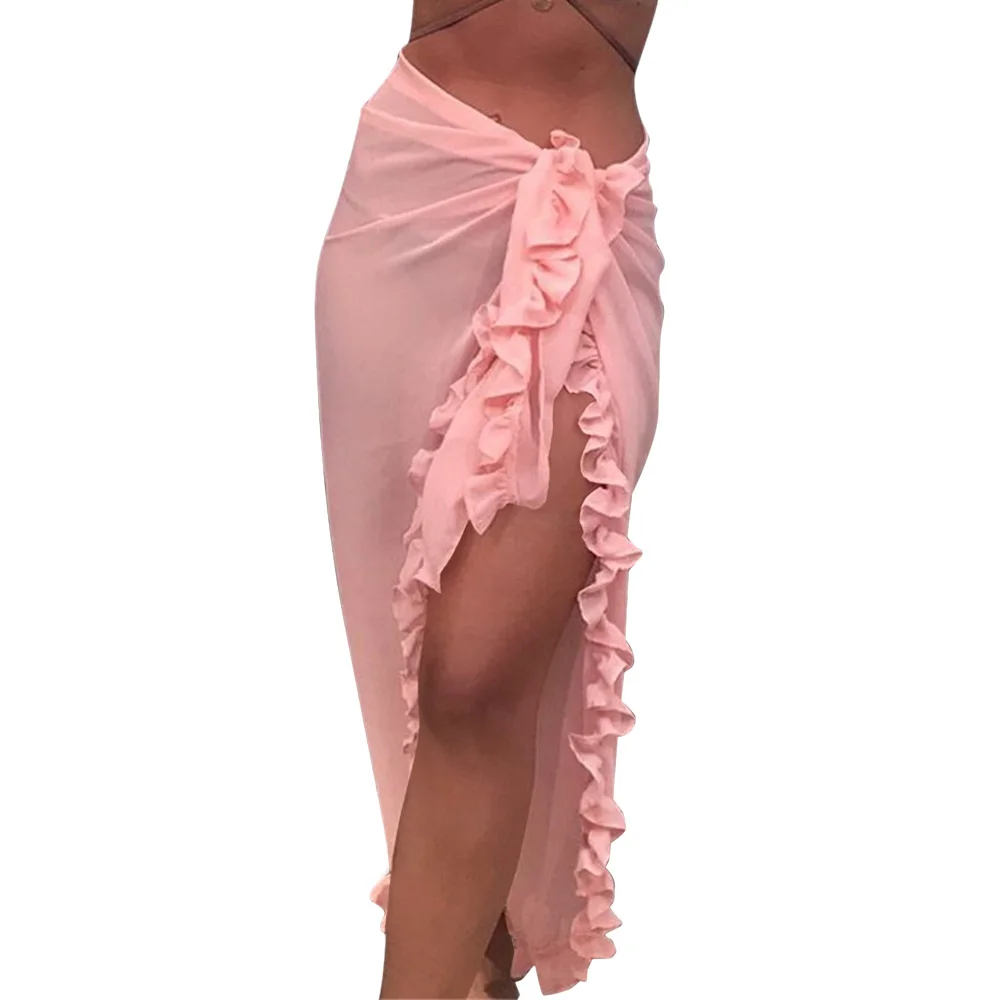 2020 Ženske Plaža Krilo Ruffles Sarong Bikini Prikriti, Šifon Zaviti Očesa Obleke Čiste Barve Seksi Poletni Plaži Obleko Kopalke