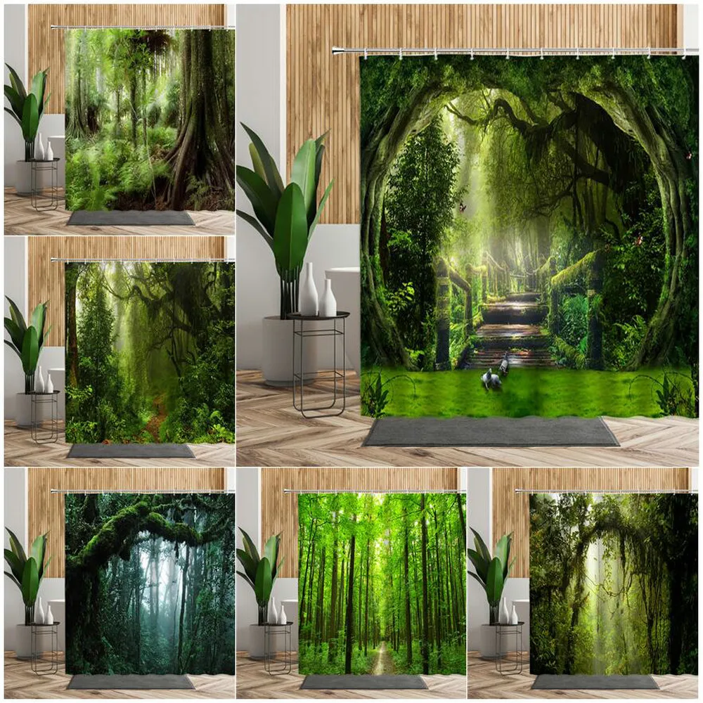 3D Tropski Gozd Naravne Kulise Nepremočljiva Tuš Zavesa, Zelena Drevesa, Mah Deep Forest Kopalnica Particijo Zaslon Kopel Zavese