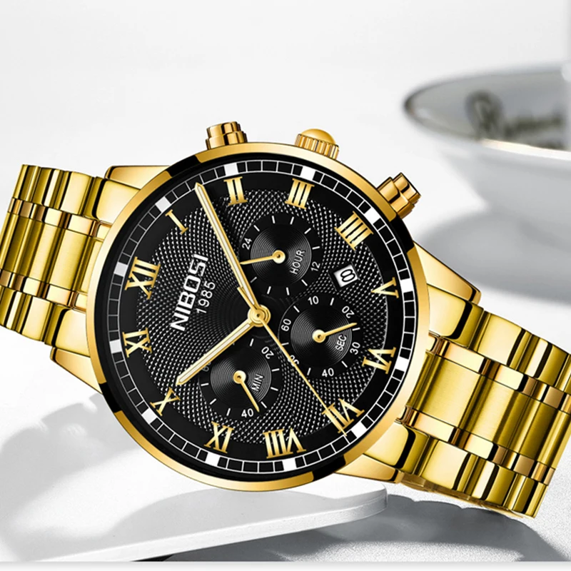 NIBOSI Mens Watches Top Brand Luxury Fashion Quartz Gold Watch Men's Business Stainless Steel Waterproof Clock Relogio Masculino