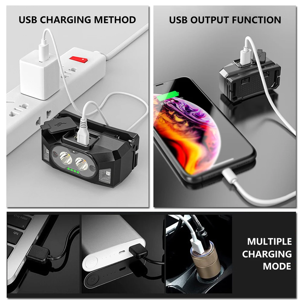 USB Polnilne LED Žaromet IR Senzor Smerniki Nepremočljiva Ribolov Luč Baterije Zaslon Dual Vir Svetlobe, Glavo Svetilka