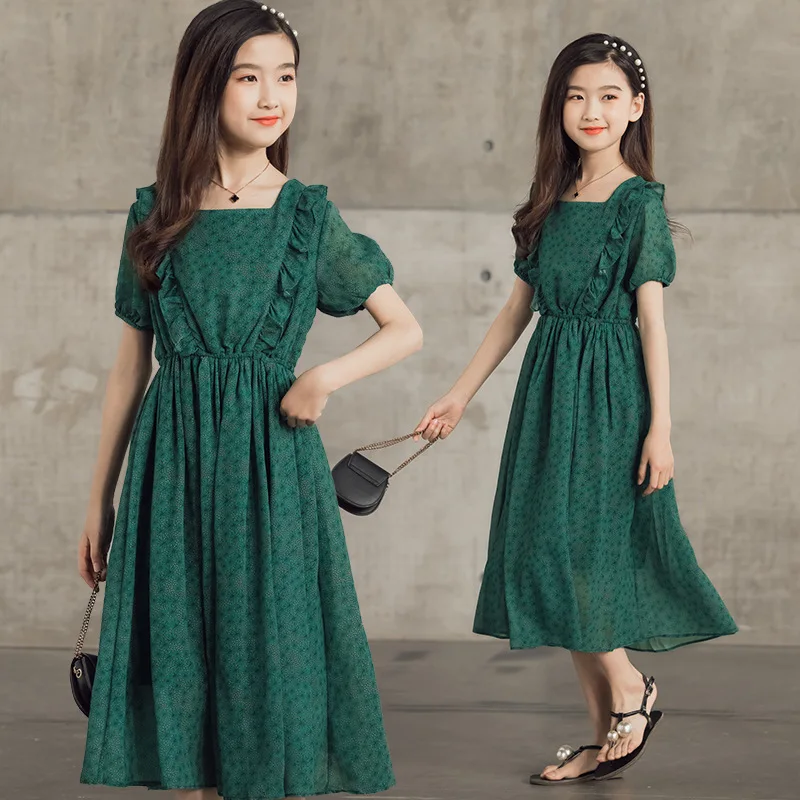 Cvetlični Elegantno Temno Zelena Teen Dekleta Obleko 2021 Novo Poletje Ruched Srčkan Sredi Dolge Otroci Šifon Obleke Otroci, Oblačila,#6301