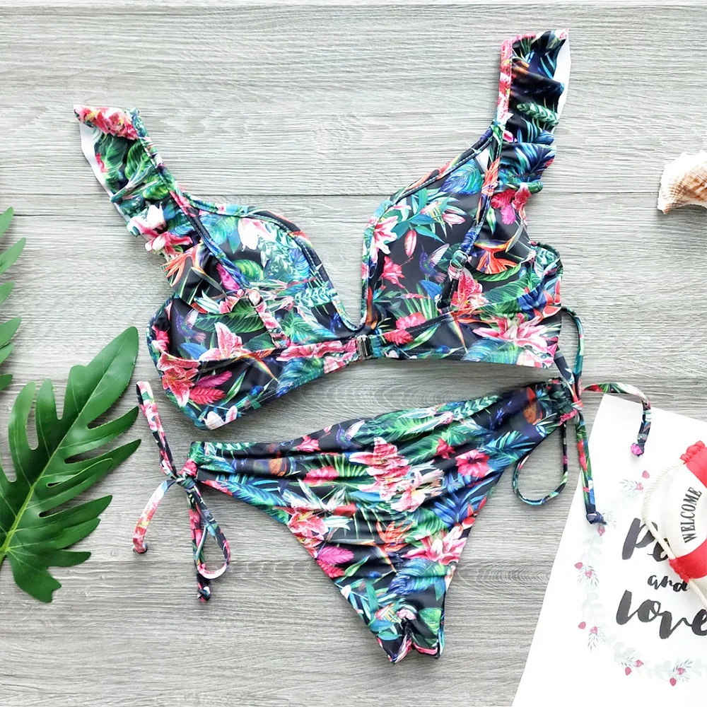 Novo Cvetlični Ogrlicom Bikini Komplet Ženske Proti-vrat Push Up Dva Kosa Kopalke 2020 Poletje Plaža kopalke, Kopalke Biquinis Brazilski