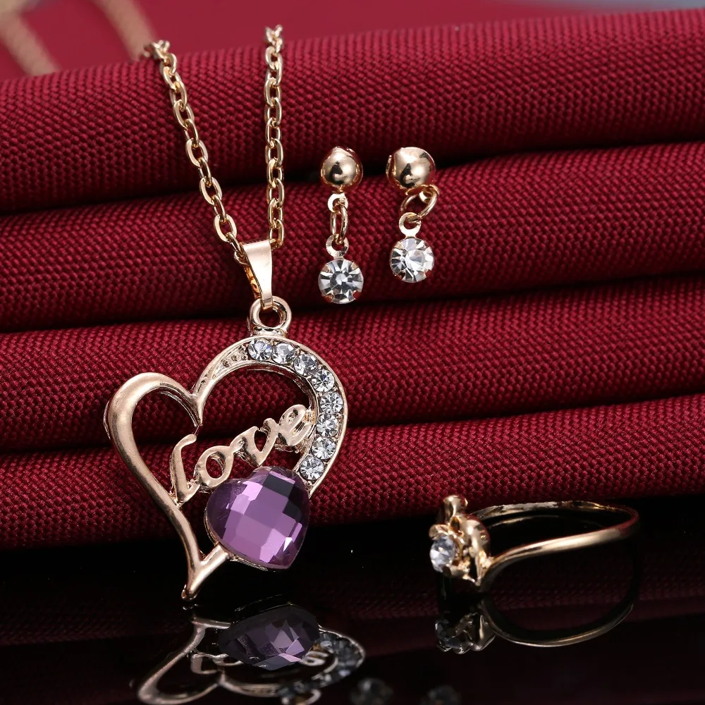 Moda Zlato Nakit Engrave Ljubezen Srce ogrlico, vijolični kristal Ogrlice Nakit Set Za ženske svate Posla Nakit