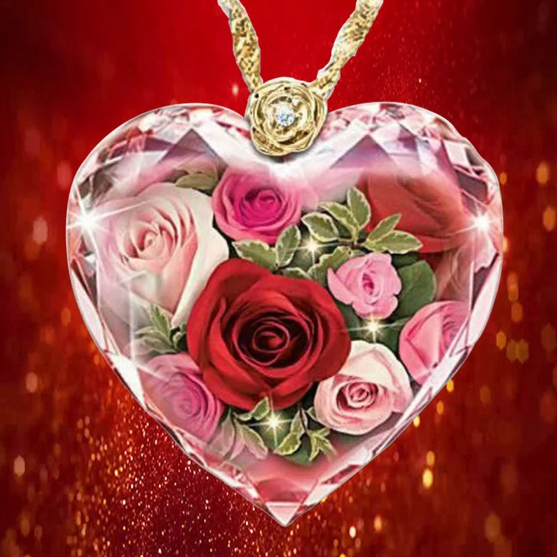 Novo Kristalno Srce Obesek Cvet Ogrlica z lepe romantične 18 karat zlata rose cvetje razširi z diamanti
