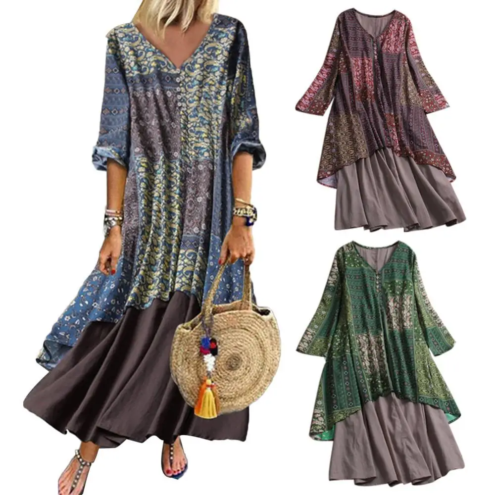 Plus Velikost Ženske Vintage Obleke V Vratu Dolg Rokav Cvjetnim Tiskanja Šivanje Obleko Maxi