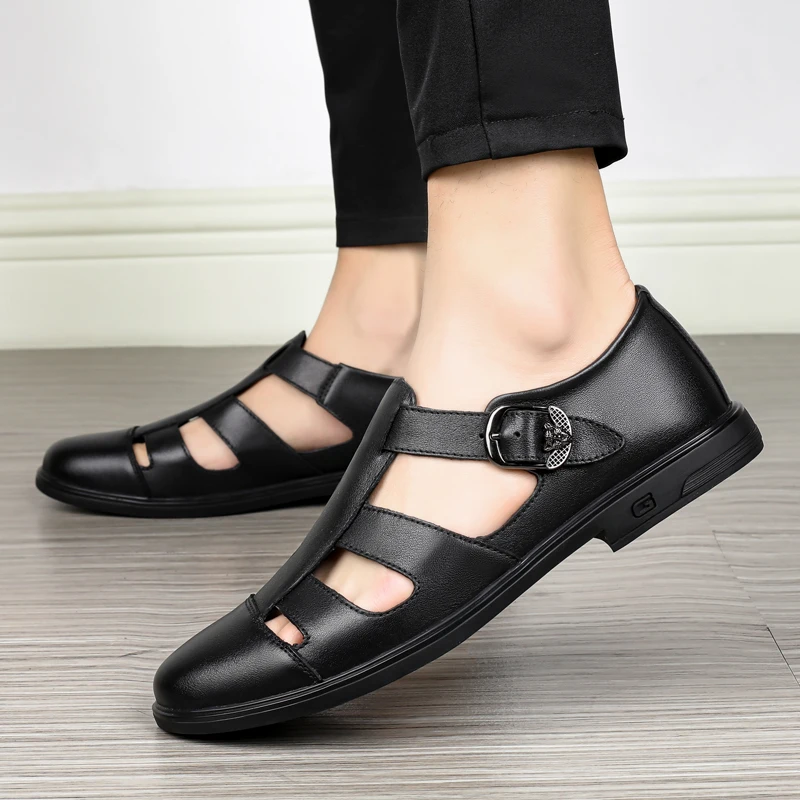 Italijanski slog Poletje Poslovno Obleko sandali Moški Pravega usnja sandali Ročno izdelane Usnjene čevlje Moške Sandalias Velika Velikost 46