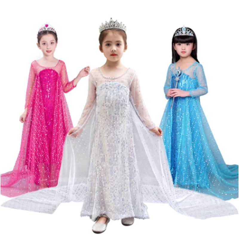Dekleta Sequins Princesa Obleko Kraljica Halloween Kostum White Blue Rose Stranka Obleke z Dolgimi Vlak Otrok Halloween Frock