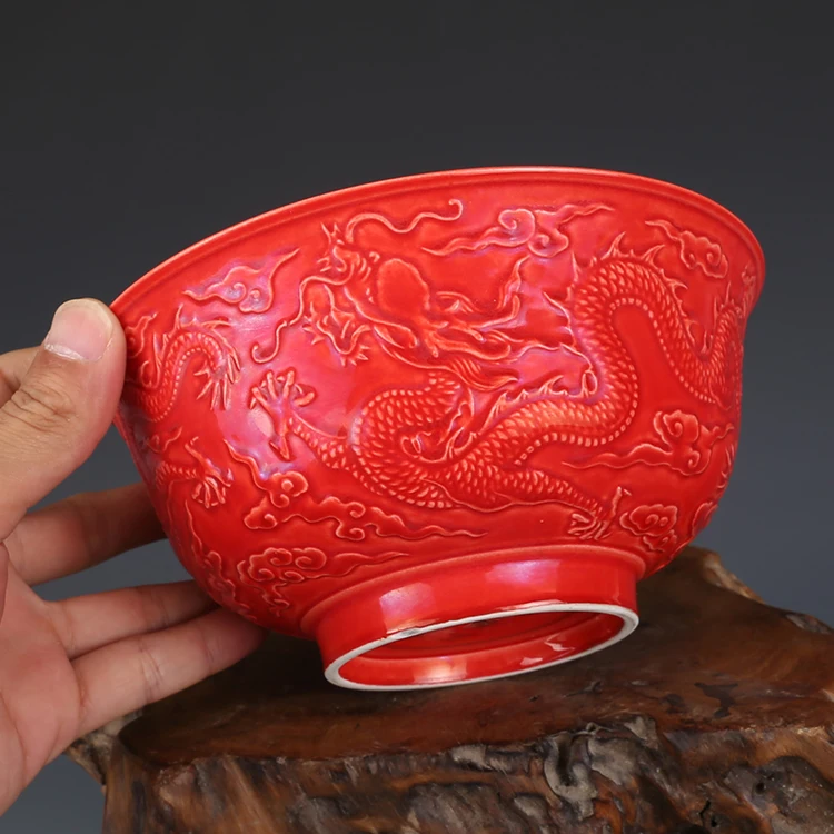 Yongzheng coral red skulpturo zmaja skledo starinsko Jingdezhen starinsko starinsko zbirko porcelana