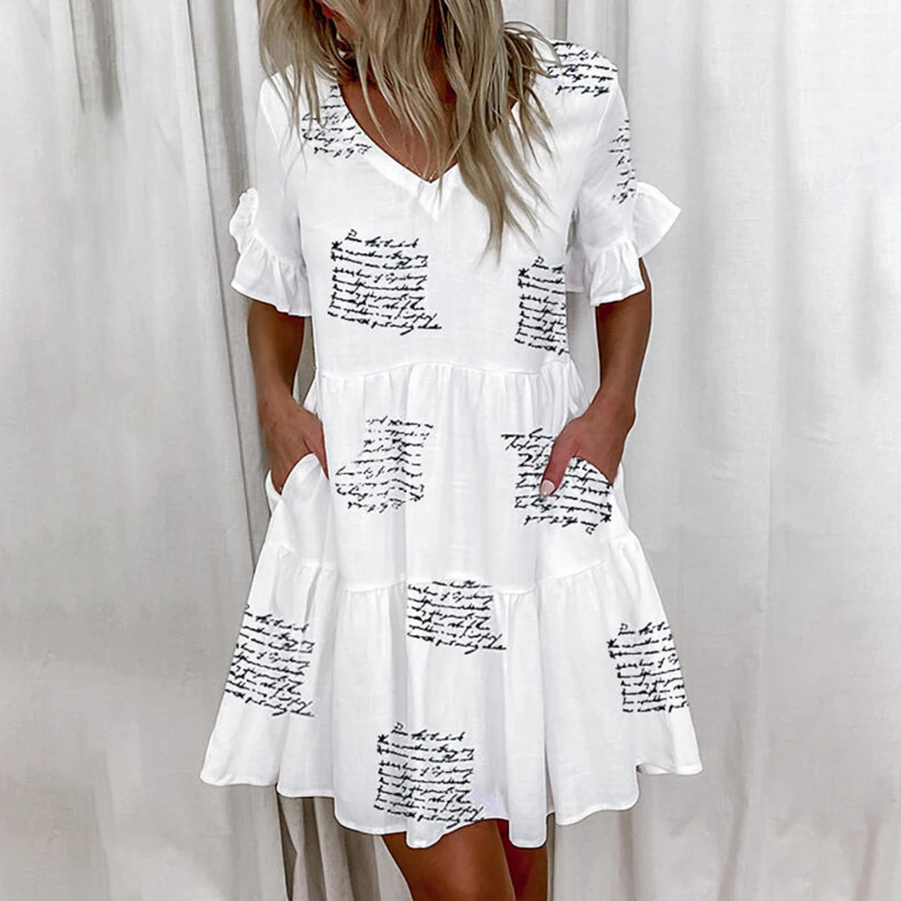 2021 Moda Priložnostne Ruffles Svoboden Proti-Vrat Obleka Ženska Obleka Plus Velikost Belo Plažo, Obleke, Ženske Poletje Kratek Rokav Cvjetnim Tiskanja