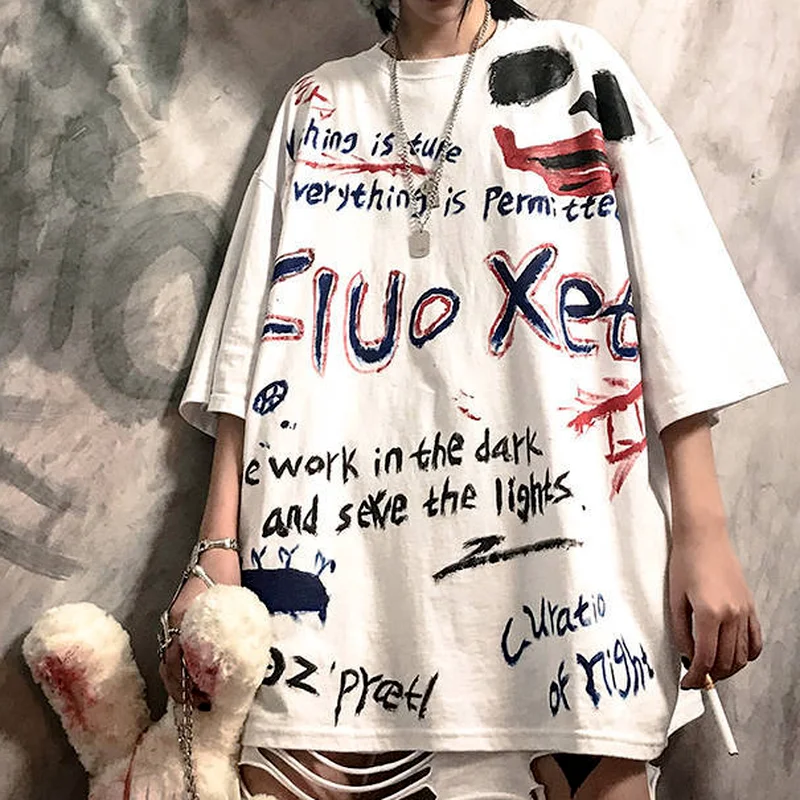 QWEEK Ulične Ženske T-shirt Japonski Harajuku Grafiti Pismo Tiskanja Vrhovi Hip Hop Poletje 2021 Modni Ženski Priložnostne