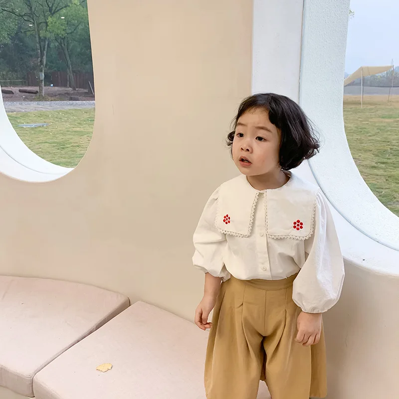 2021 pomlad novo korejsko dekleta vezeni cvetlični kvadratnih ovratnik otroci majica dolg rokav reverji bluze vrhovi oblačila otroci baby