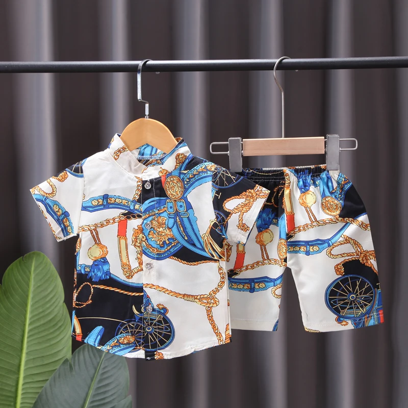 Čisto Nov Fant Fantje Poletni Cvetlični Oblačila Določa T-Shirt Kratek Rokav Vrhovi+Hlače Fantje Priložnostne Obleko, Hawaiian Slog Plažo