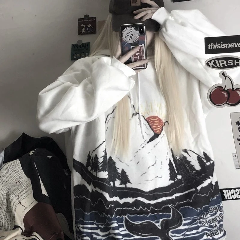 Jeseni Ženske Hooded Zgornji Del Trenirke Prevelik Ulične Grafiti Tiskanje Harajuku Korejski Moda Plišastih Vintage Oblačila Puloverju