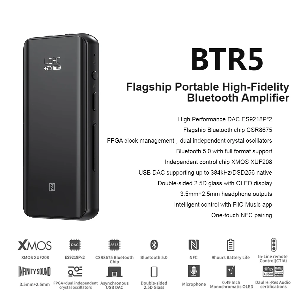 FiiO BTR5 Prenosni Bluetooth Slušalke Ojačevalnik CSR8675 AptX HD LDAC USB DAC AAC iPhone Android 3,5 mm 2,5 mm Hi-fi Audio Dekoder