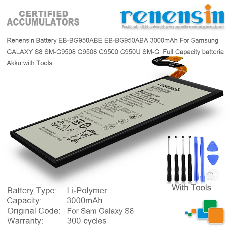 Renensin baterija EB-BG950ABA 3000mAh Za Samsung GALAXY S8 SM-G9508 G9508 G9500 G950U Zamenjava Litij-Polimer Bateria