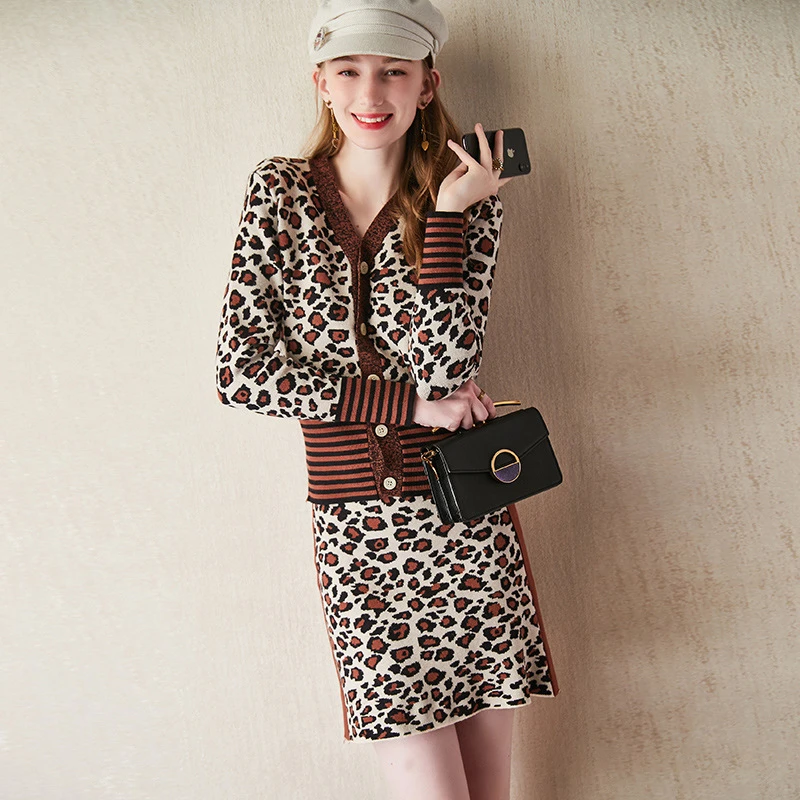 Moda Leopard, Tiskanje Pletenih 2 Kos Določa Žensk Pomlad Proti-Vrat Gumb Dolg Rokav Jopico + Visoko Pasu, Krilo, Obleka Ženska Obleka